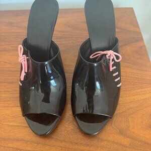 Gucci Heels Black Patent Leather Pink Lace Up Pink Y2K Open Toe Mules 38.5